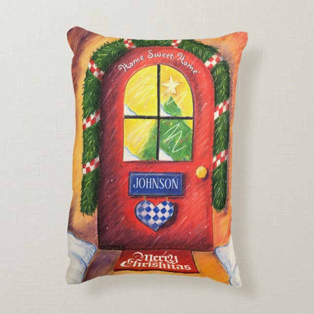 Your Name Red Merry Christmas Front Door Customize Accent Pillow (Back(Vertical))