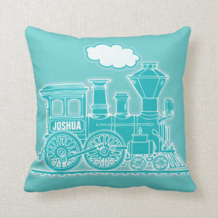 Your name steam train loco teal blue throw pillow