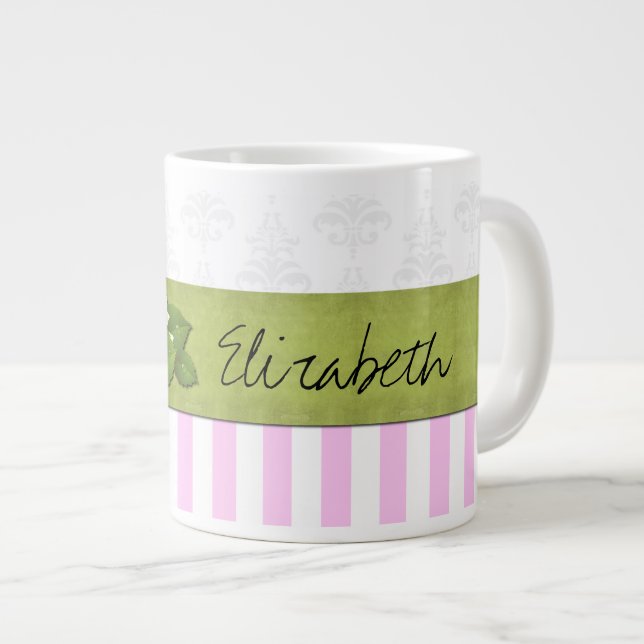 Your Name - Stripes, Parallel Lines - Pink White Large Coffee Mug (Front Right)