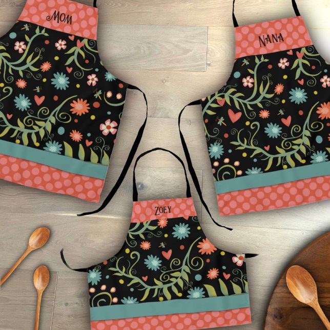 Your Name Stylish Flowers Pink Dots Inspirivity Apron (Available in the Inspirivity Apron Collection)