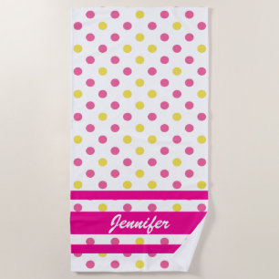 Your Name  - Summer Blue and Yellow Polka Dots Beach Towel