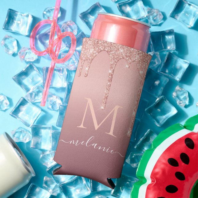 Your Name Text Can Cooler Rose Gold Blush Glitter (In Situ Summer)