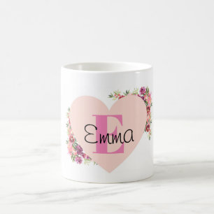 YOUR NAME/TEXT/ Pink Floral Monogram Coffee Mug