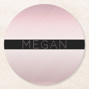 Your Name Thin Rose Ombre & White Stripes Round Paper Coaster