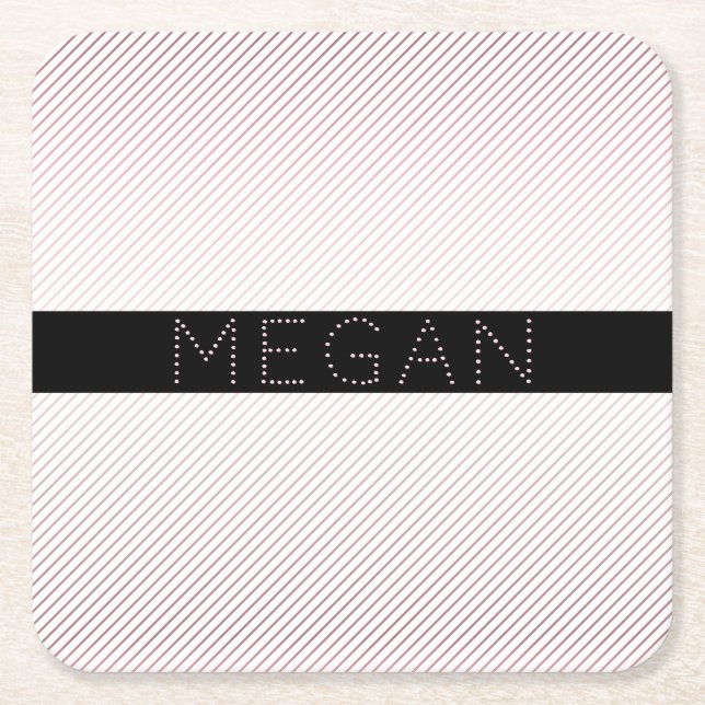 Your Name | Thin White & Sublte Rose Ombre Stripes Square Paper Coaster (Front)