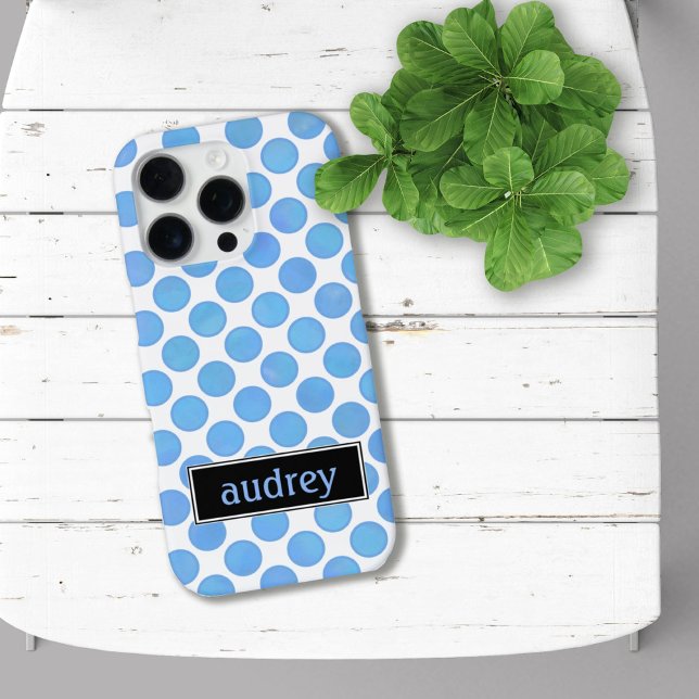 Your Name Watercolor Blue Polka Dot Pattern iPhone Case (Creator Uploaded)