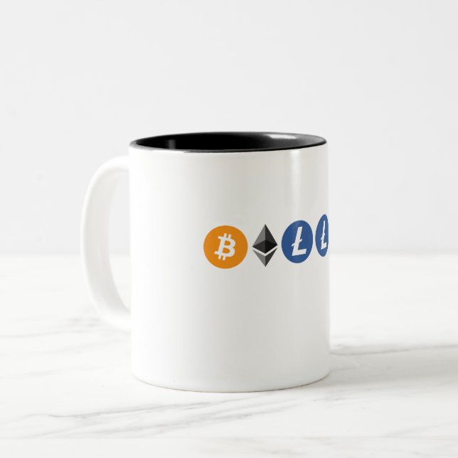 Your name written in popular cryptocurrency logos Two-Tone coffee mug (Front Left)