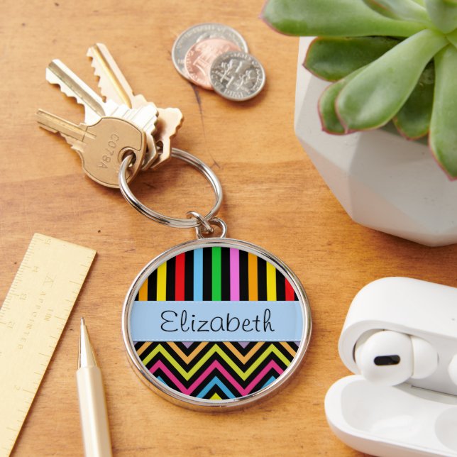 Your Name - Zigzag Pattern, Chevron - Green Blue Keychain (Desk)