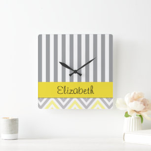 Your Name - Zigzag Pattern, Chevron - Yellow Grey Square Wall Clock
