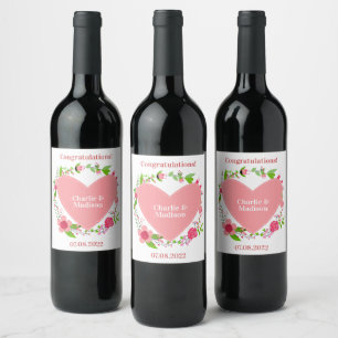 Your Names & Custom Text in a Flowery Heart Wine Label