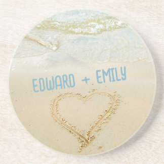 Your Names Sandy Beach Heart Coaster