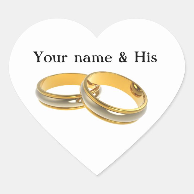 Your Names Two Gold Wedding Rings Heart Sticker (Front)
