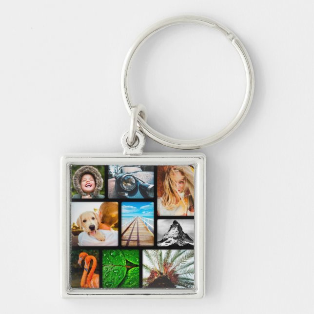 Your Own 9 Photo Collage Framed Black Keychain (Front)