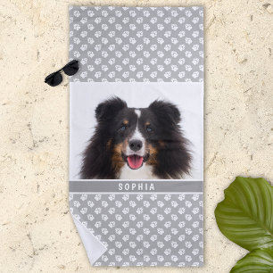 Your Own Custom Photo With Name & Paws On Grey Beach Towel
