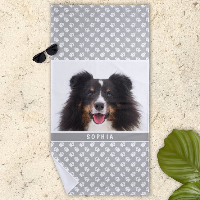 Your Own Custom Photo With Name & Paws On Grey Beach Towel (Creator Uploaded)