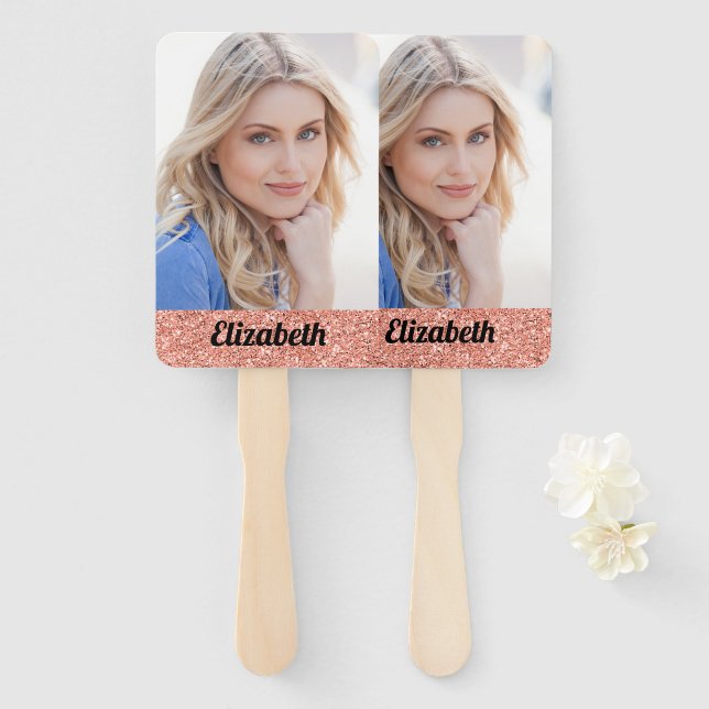 Your Own Photo Pink Girly Monogram Graduation Hand Fan (Front and Back)