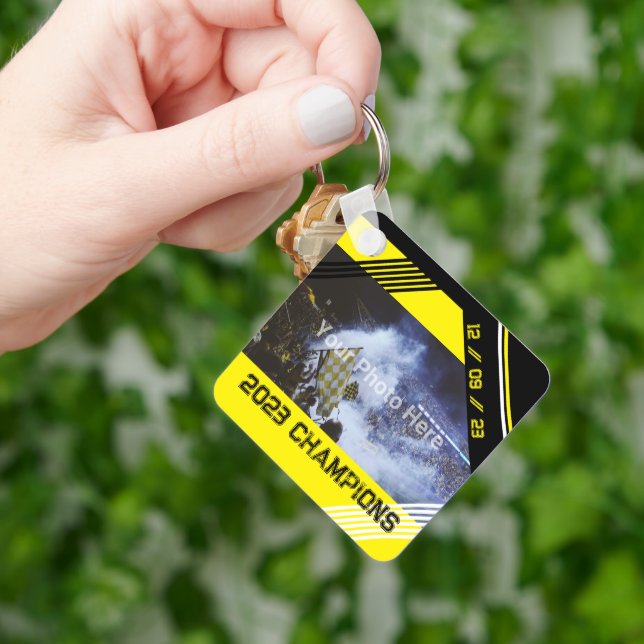 Your Own Photos and Text Yellow and Black Modern  Keychain (Hand)