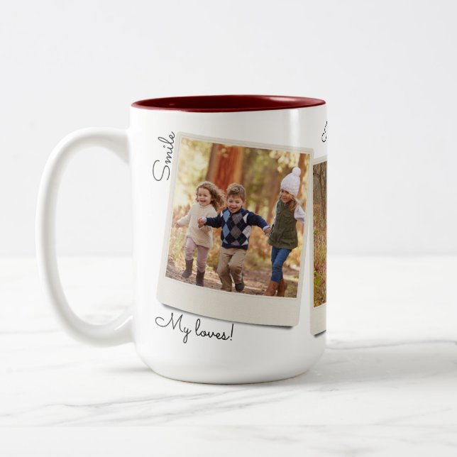 Your Own Three Photos & Text | Instant Photo Two-Tone Coffee Mug (Left)