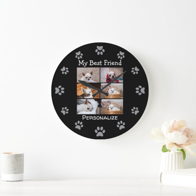 Your pet dog custom photo collage best friend name large clock (Home)