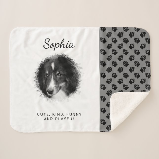 Your Pet Photo & Black Paws On Grey & Custom Text Sherpa Blanket (Front (Horizontal))