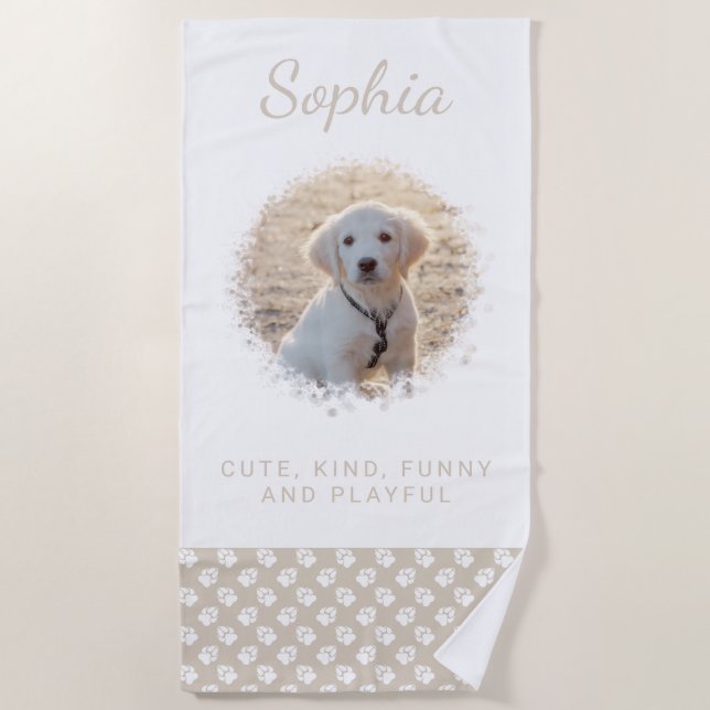 Your Pet Photo & White Paws On Beige & Custom Text Beach Towel (Front)