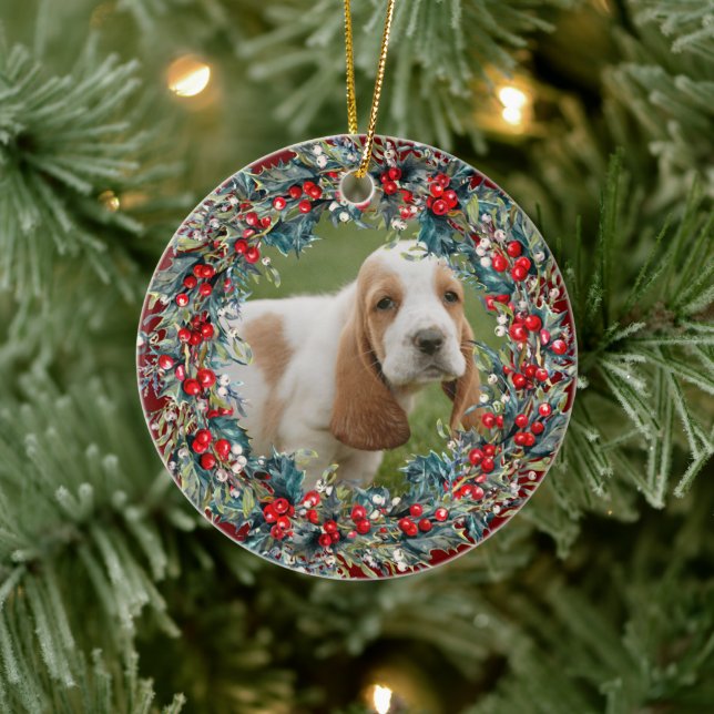 Your Pet's Photo Dog Christmas cute  Xmas wreath Ceramic Ornament (Tree)