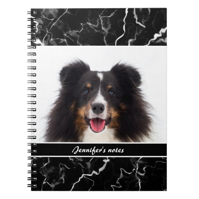 Your Pet's Photo On Faux Black Marble & Text Notebook (Front)