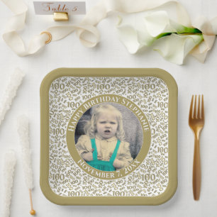 Your Photo 100 Random Number Pattern Gold/white  Paper Plate