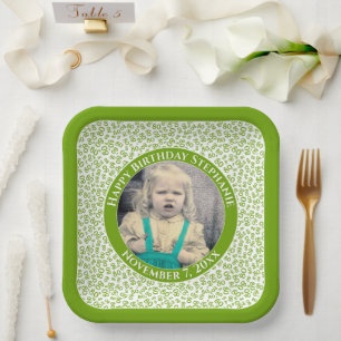 Your Photo 100 Random Number Pattern Green/White  Paper Plate