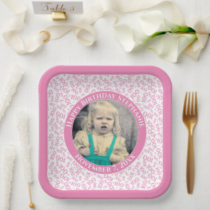 Your Photo 100 Random Number Pattern Pink/White  Paper Plate