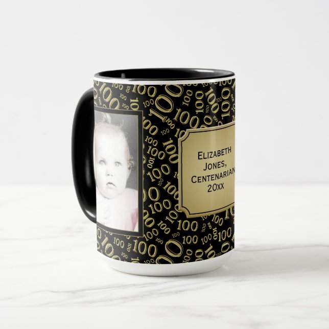 Your Photo 100th Birthday Gold Number Pattern Mug (Front Left)