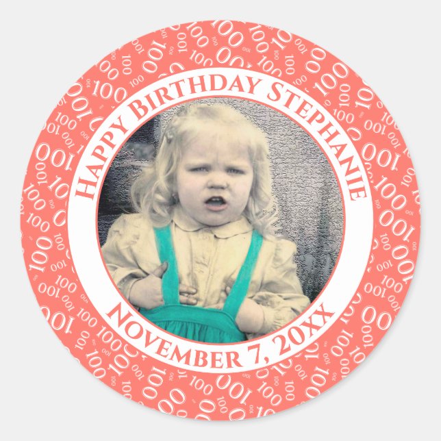 Your Photo 100th Birthday Number Pattern | Coral Classic Round Sticker (Front)