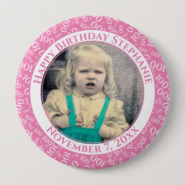 Your Photo 100th Number Pattern Pink/White 4 Inch Round Button (Front)