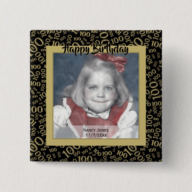 Your Photo 100th Random Number Pattern Black/Gold 2 Inch Square Button (Front)