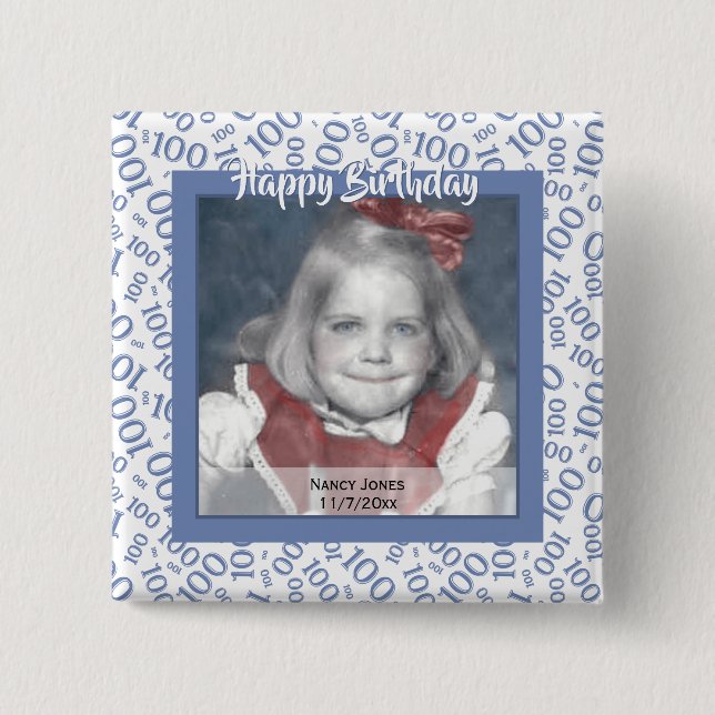 Your Photo 100th Random Number Pattern Blue/White 2 Inch Square Button (Front)