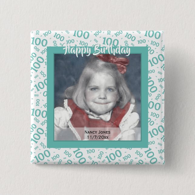 Your Photo:  100th Random Number Pattern Teal 100 2 Inch Square Button (Front)