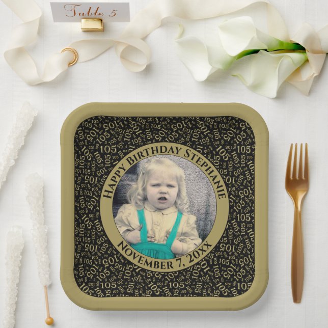 Your Photo 105 Random Number Pattern Black/Gold  Paper Plate (Wedding)