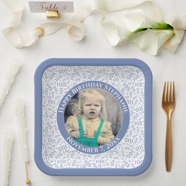 Your Photo 105 Random Number Pattern Blue/White  Paper Plate (Wedding)