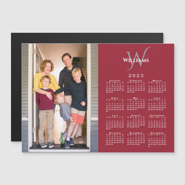 Your Photo 2023 Calendar Monogram Name Red Magnet (Front/Back)