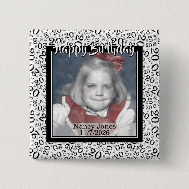 Your Photo 20 Random Number Pattern Black/White 2 Inch Square Button (Front)