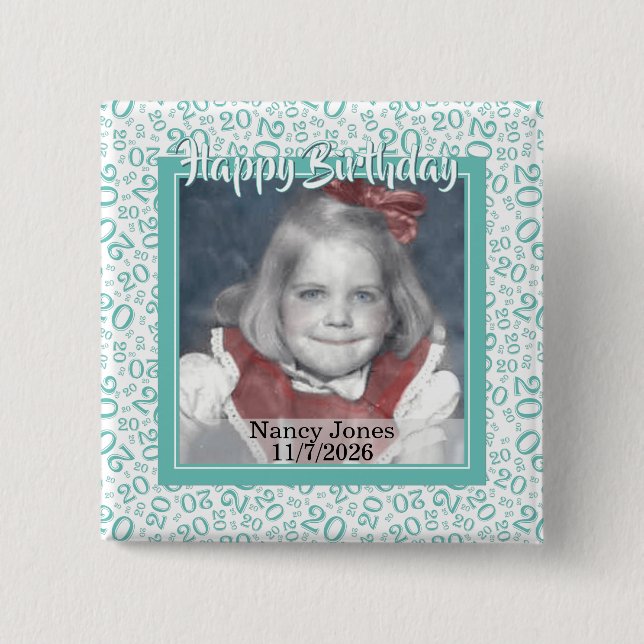 Your Photo 20 Random Number Pattern Teal/White 2 Inch Square Button (Front)
