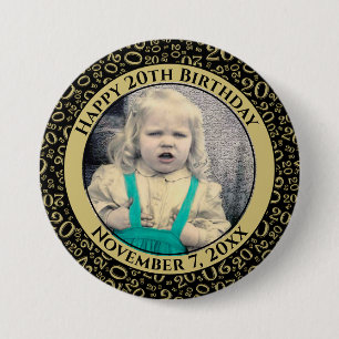 Your Photo 20th Birthday Number Black/Gold Pattern 3 Inch Round Button