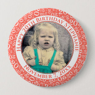 Your Photo   20th Birthday Random Number Coral 4 Inch Round Button