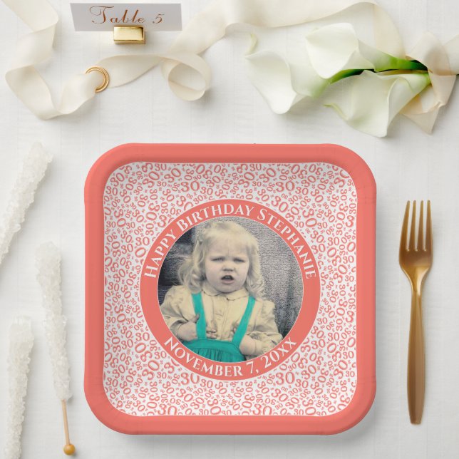 Your Photo 30 Random Number Pattern Coral/White  Paper Plate (Wedding)
