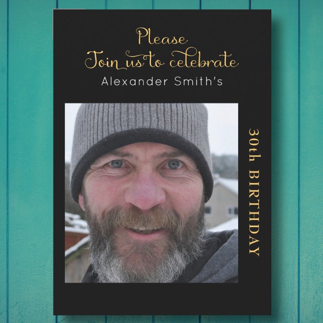 Your Photo 30th Birthday Black And Gold Invitation (Creator Uploaded)
