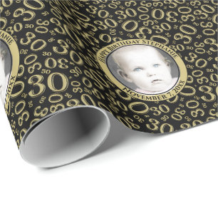 Your Photo 30th Black/Gold Number Pattern Wrapping Paper