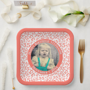 Your Photo 35 Random Number Pattern Coral /White Paper Plate
