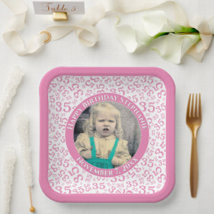 Your Photo 35 Random Number Pattern Pink/White  Paper Plate