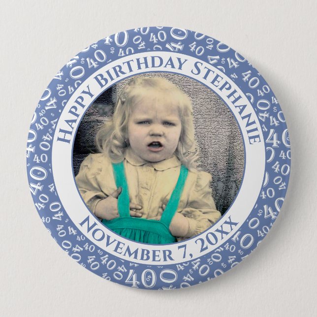 Your Photo 40th Birthday Number Pattern | Blue 4 Inch Round Button (Front)