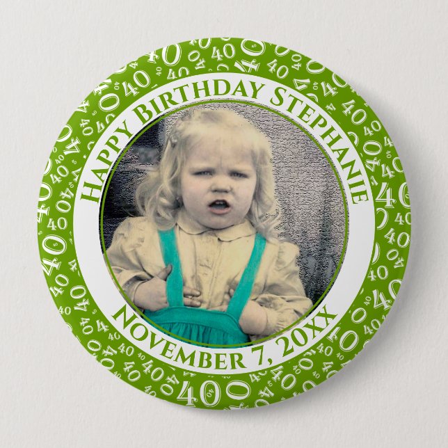 Your Photo 40th Birthday Number Pattern | Green 4 Inch Round Button (Front)
